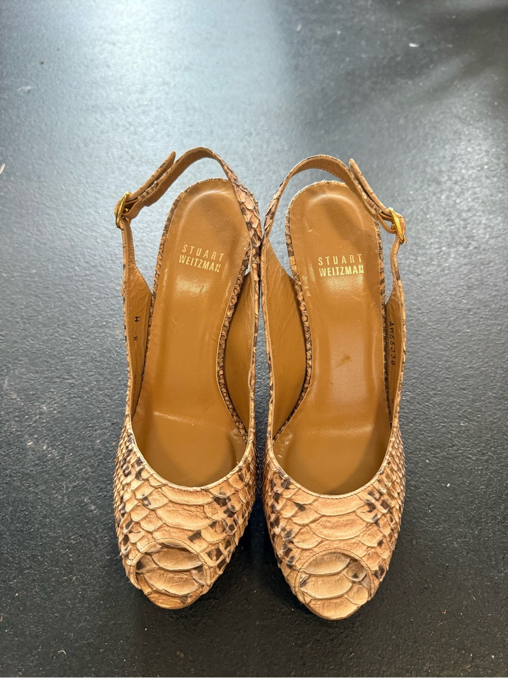Stuart Weitzman Tan Snakeskin Slingback Peep-Toe 5 inch Heels